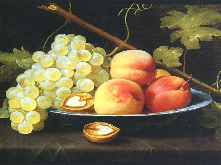 Jacob van Es Nature morte aux peches, raisins et noix sur un entablement France oil painting art